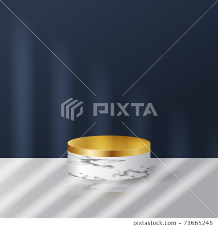 White and navy blue scene with marble and golden touch podium display for product exhibition. Realistic style vector with light and shadow effect. 73665248