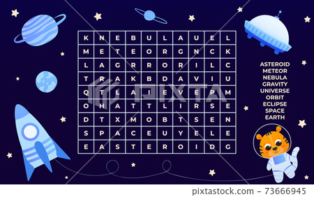 Word search game for kids, find english words, galaxy explore concept with cartoon character and spaceship Word search game for kids, find english words, galaxy explore concept with cartoon character and spaceship 73666945