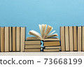Composition with vintage old hardback books, diary, fanned pages on wooden deck table and red background. Books stacking. Back to school. Copy Space. Education background. 73668199