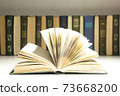 Composition with vintage old hardback books, diary, fanned pages on wooden deck table and red background. Books stacking. Back to school. Copy Space. Education background. 73668200