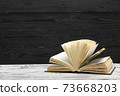 Composition with vintage old hardback books, diary, fanned pages on wooden deck table and red background. Books stacking. Back to school. Copy Space. Education background. 73668203
