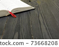 Composition with vintage old hardback books, diary, fanned pages on wooden deck table and red background. Books stacking. Back to school. Copy Space. Education background. 73668208