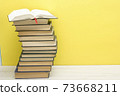 Composition with vintage old hardback books, diary, fanned pages on wooden deck table and red background. Books stacking. Back to school. Copy Space. Education background. 73668211