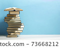 Composition with vintage old hardback books, diary, fanned pages on wooden deck table and red background. Books stacking. Back to school. Copy Space. Education background. 73668212