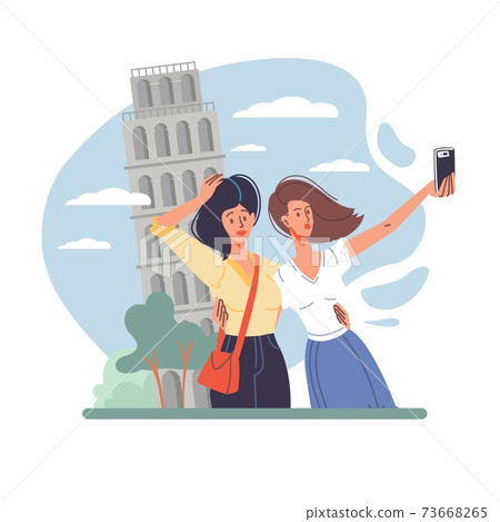 Flat cartoon characters take pictures on travel vacation, vector illustration concept 73668265