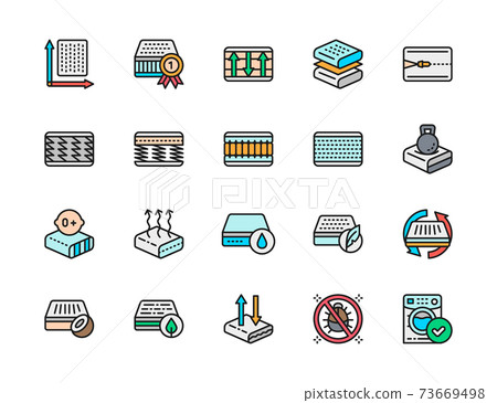 Set of Mattress Color Icons. Elastic Material, Zipper, Anti Allergic and more. 73669498