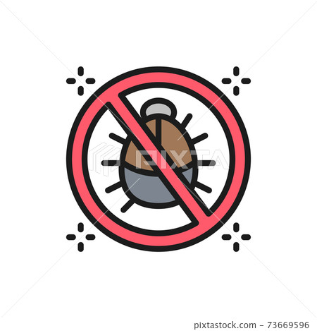 Forbidden sign with dust mites, anti allergic materials flat color line icon. Forbidden sign with dust mites, anti allergic materials flat color line icon. 73669596
