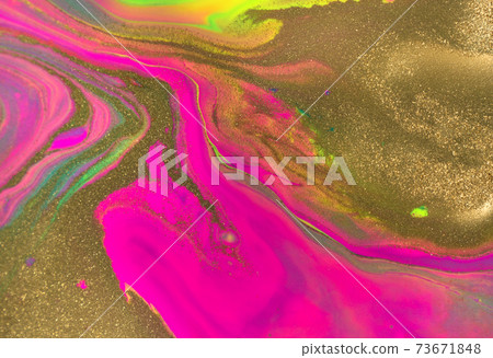Gold glitter texture on fluorescent inks marble background. Gold glitter texture on fluorescent inks marble background. 73671848
