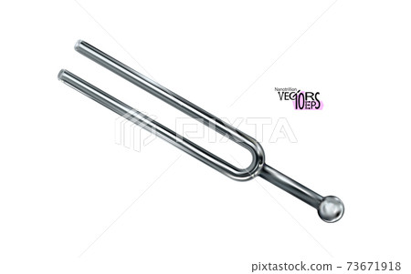 Tuning fork, realistic metal musical equipment. Acoustic resonator. Chrome object. Vintage tool. 73671918