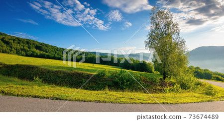 countryside road in mountains on a sunny day. beautiful view in to the distant foggy valley from the top of the pass. trees along the way. wonderful rural landscape in summer 73674489