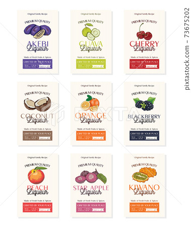 Family recipe Set of liqueur alcohol labels template. Modern vector packaging design layout. Retro banner with typography and hand drawn fruit. Isolated. 73675202