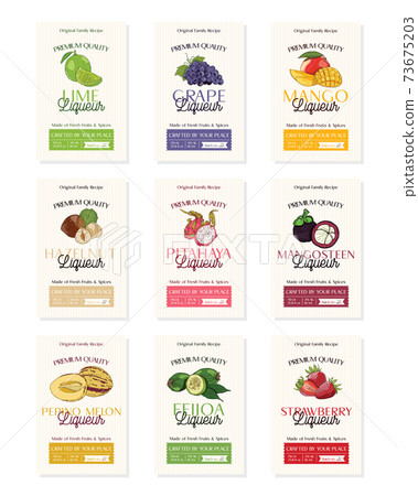 Family recipe Set of liqueur alcohol labels template. Modern vector packaging design layout. Retro banner with typography and hand drawn fruit. Isolated. 73675203