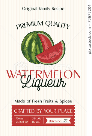 Family recipe Watermelon liqueur alcohol label template. Modern vector packaging design layout. Retro banner with typography and hand drawn fruit. Isolated. 73675204