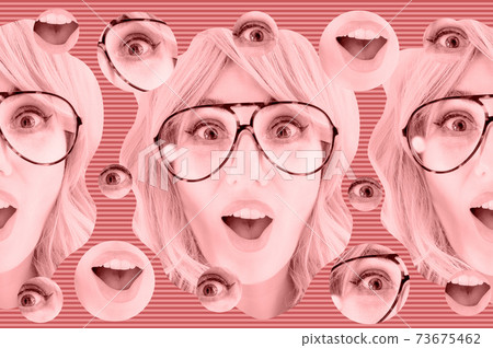 Funky woman in sunglasses. Crazy lady and surreal composition of textures, shapes, gradients. Contemporary art collage. Zine culture. Pop art. Fashion magazine style for posters, banners, wallpaper. Funky woman in sunglasses. Crazy lady and surreal composition of textures, shapes, gradients. Contemporary art collage. Zine culture. Pop art. Fashion magazine style for posters, banners, wallpaper. 73675462