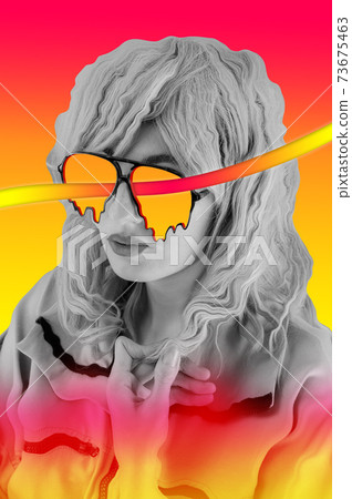 Funky woman in sunglasses. Crazy lady and surreal composition of textures, shapes, gradients. Contemporary art collage. Zine culture. Pop art. Fashion magazine style for posters, banners, wallpaper. 73675463