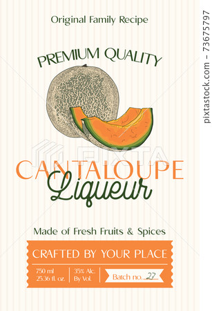 Family recipe Cantaloupe liqueur alcohol label template. Modern vector packaging design layout. Retro banner with typography and hand drawn fruit. Isolated. Family recipe Cantaloupe liqueur alcohol label template. Modern vector packaging design layout. Retro banner with typography and hand drawn fruit. Isolated. 73675797