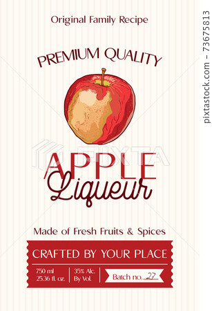 Family recipe Apple liqueur alcohol label template. Modern vector packaging design layout. Retro banner with typography and hand drawn fruit. Isolated. 73675813