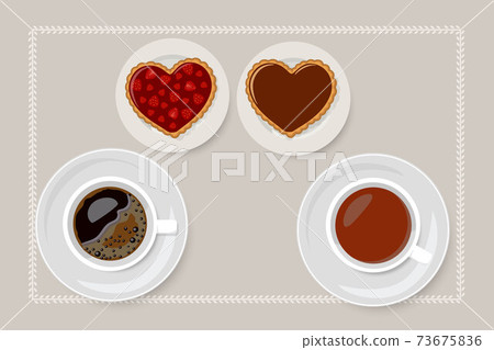 Valentines Day. Chocolate and strawberry jam biscuits with cups of tea and coffee. Cartoon flat style Valentines Day. Chocolate and strawberry jam biscuits with cups of tea and coffee. Cartoon flat style 73675836