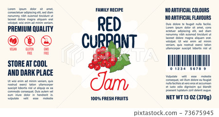 Family recipe Red Currant jam label template. Abstract modern vector packaging design layout. Colorful banner with typography and hand drawn fruit. Isolated. Family recipe Red Currant jam label template. Abstract modern vector packaging design layout. Colorful banner with typography and hand drawn fruit. Isolated. 73675945