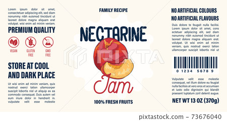 Family recipe Nectarine jam label template. Abstract modern vector packaging design layout. Colorful banner with typography and hand drawn fruit. Isolated. 73676040