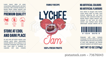 Family recipe Lychee jam label template. Abstract modern vector packaging design layout. Colorful banner with typography and hand drawn fruit. Isolated. Family recipe Lychee jam label template. Abstract modern vector packaging design layout. Colorful banner with typography and hand drawn fruit. Isolated. 73676043