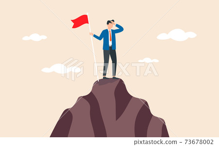 Business goal achievement, success career development or motivation and work or project accomplishment concept, confidence businessman standing proudly with flag on high mountain peak up hill. Business goal achievement, success career development or motivation and work or project accomplishment concept, confidence businessman standing proudly with flag on high mountain peak up hill. 73678002