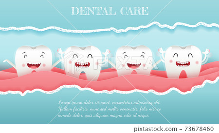Teeth cute cartoon dental care on blue background, oral dental hygiene, children dentistry concept. Vector Illustration Teeth cute cartoon dental care on blue background, oral dental hygiene, children dentistry concept. Vector Illustration 73678460