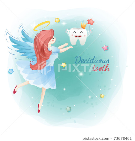 Teeth cute cartoon dental care on blue background, oral dental hygiene, children dentistry concept. Vector Illustration 73678461