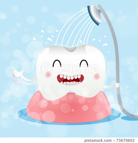 Cute cartoon with happy tooth character oral dental hygiene, taking a shower to clean the body, children dentistry concept. Vector Illustration 73678602
