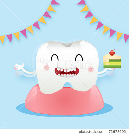 Cute cartoon with happy tooth character oral dental hygiene, taking a shower to clean the body, children dentistry concept. Vector Illustration 73678603