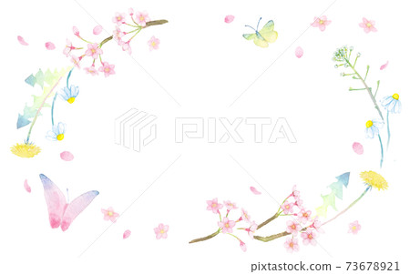 <Frame material> Spring plant and butterfly wreath (horizontal oval) drawn in watercolor 73678921