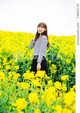 A woman standing in a rape field A woman standing in a rape field 73683710