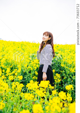 A woman standing in a rape field A woman standing in a rape field 73683712