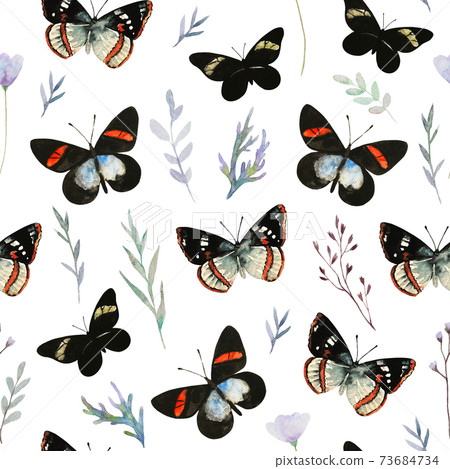 Cute seamless pattern with colorful butterflies and plant elements. Watercolor illustrations. Cute seamless pattern with colorful butterflies and plant elements. Watercolor illustrations. 73684734