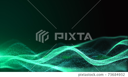 Digital cyberspace futuristic, Green color particles wave flowing with bokeh and light, Lines and dots connection abstract background. 73684932