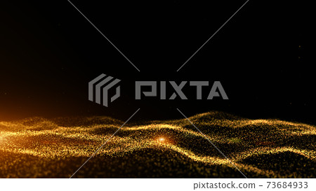 Digital cyberspace futuristic, Gold color particles wave flowing with bokeh and light, Lines and dots connection abstract background. 73684933