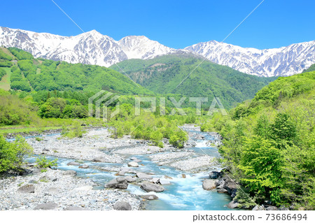新鮮的綠色松川和北阿爾卑斯山剩餘的積雪 73686494