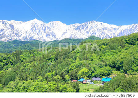 新鮮的綠色村莊和北阿爾卑斯山剩餘的積雪 新鮮的綠色村莊和北阿爾卑斯山剩餘的積雪 73687609