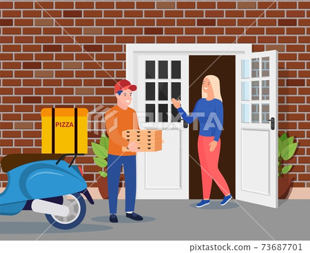 delivery man bringing a pile of pizza boxes delivery man bringing a pile of pizza boxes 73687701