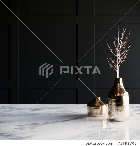 vase with flowers on marble table and black wall on background. 3d render 73691703