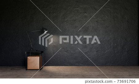 dark black room loft style interior design with table and lamp 3d render background	 73691706
