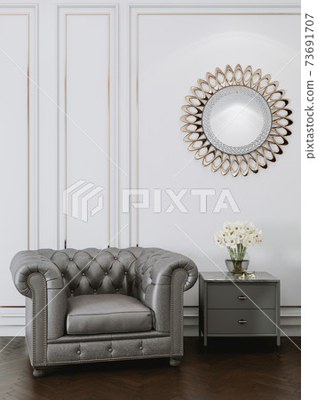 White classic room interior with leather armchairs and mirror. 3d render illustration mockup. 73691707