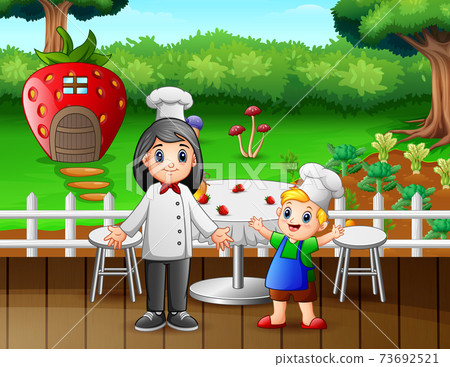 Illustration of a restaurant with a kid and woman chef 73692521