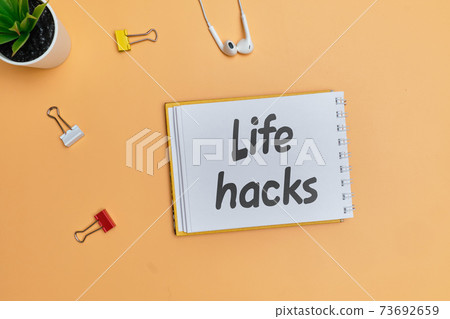 Life hacks sticker inscription as a concept of simple secrets. Life hacks sticker inscription as a concept of simple secrets. 73692659