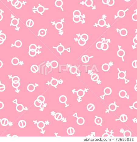 LGDT pride Gender Seamless pattern. Bigender, agender, neutrois, asexual, lesbian, homosexual, bisexual icon orientation. Vector pink and white surface background. Sexual human identity illustration. 73693038