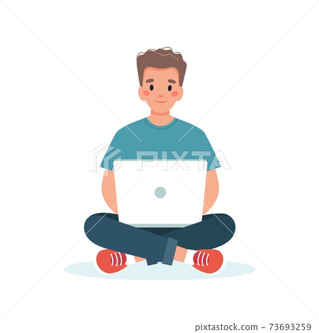 Man with a laptop working, student or remote work concept Man with a laptop working, student or remote work concept 73693259