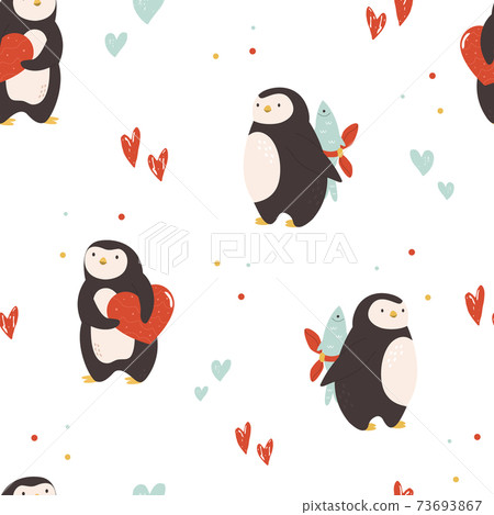 Vector seamless pattern with cute penguins for St. Valentines Day. Vector seamless pattern with cute penguins for St. Valentines Day. 73693867