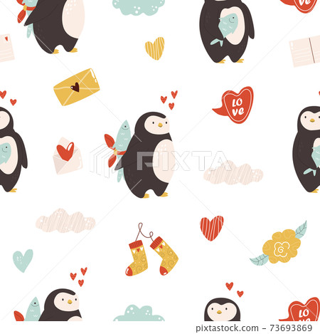 Vector seamless pattern with cute penguins for St. Valentines Day. Vector seamless pattern with cute penguins for St. Valentines Day. 73693869