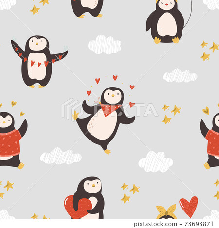 Vector seamless pattern with cute penguins for St. Valentines Day. 73693871