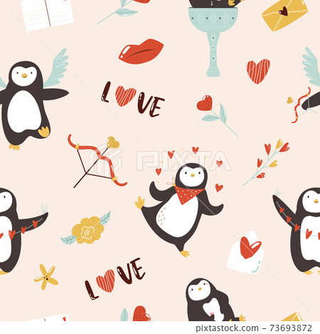 Vector seamless pattern with cute penguins for St. Valentines Day. 73693872